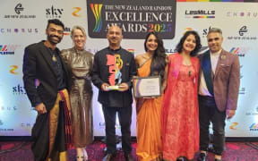 (From left) Suraj Malage, Shay Singh, Sripriya Somasekhar, Moushumi Das and Arrun Soma of the Indian Origin Pride NZ at the Rainbow Excellence Awards in Auckland on Friday.