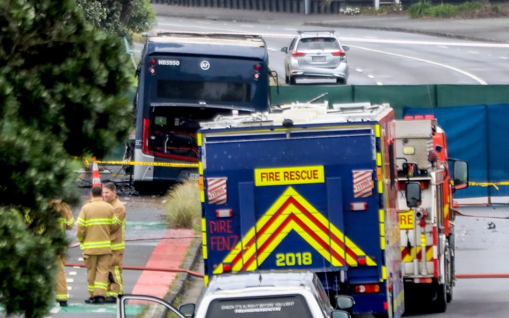 Fire engine at scene of Tamaki Drive bus crash in Auckland
