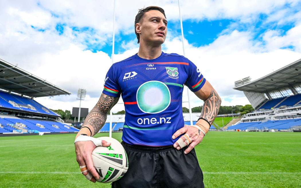 Fullback Charnze Nicoll-Klokstad poses for a photo at a Warriors media session announcing his re-signing until 2027.