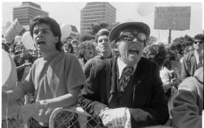 Supporters of the Homosexual Law Reform Bill protest a petition opposing it, outside Parliament on 24 September, 1985.