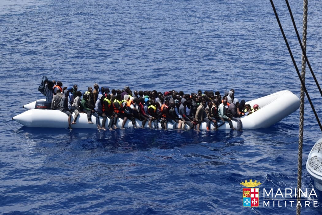 An Italian Navy rescue of migrants and refugees off the coast of Libya, on 23 June 2016. Some 5000 people were rescued that day.
