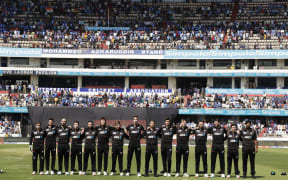 Black Caps sing the National Anthem ahead of the first ODI against India in Hyderabad, 2023.