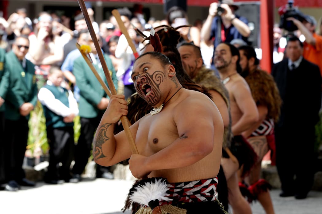 A pōwhiri welcoming Prince Charles and his wife Camilla during a visit to Turangawaewae Marae in Ngaruawahia in November last year.