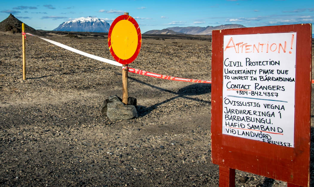 A sign blocking furthur access to the area around the Bardarbunga volcano.