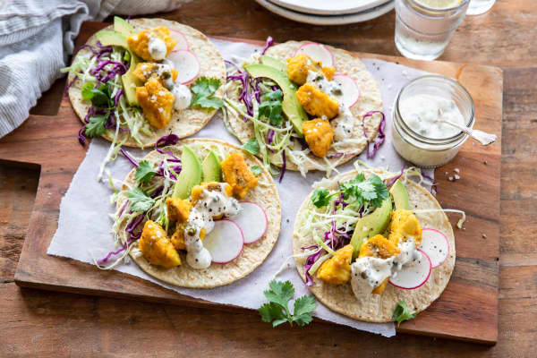 Spiced fish tacos w/ caper and dill mayo