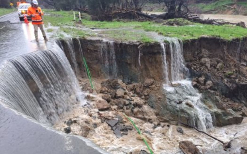 Heavy rain caused a slip on State Highway 35 north of Tologa Bay on 24 June, 2023.