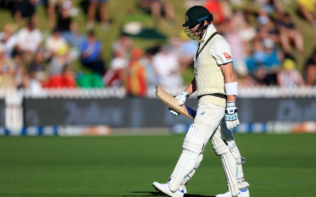 Australia's Steven Smith walks from the field after being bowled during day two of the 1st International cricket Test match between New Zealand and Australia at the Basin Reserve in Wellington on March 1, 2024. (Photo by Marty MELVILLE / AFP)