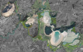 The proposed site of the waste tailings dam in Waihi can be seen on the far right of the image. The existing Martha Mine is on the far left.