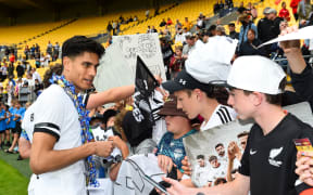 Marko Stamenic of the All Whites talks to fans. International Football Friendly - New Zealand All Whites v China at Sky Stadium, Wellington, New Zealand on Sunday 26 March 2023. © Mandatory credit: Elias Rodriguez / www.photosport.nz