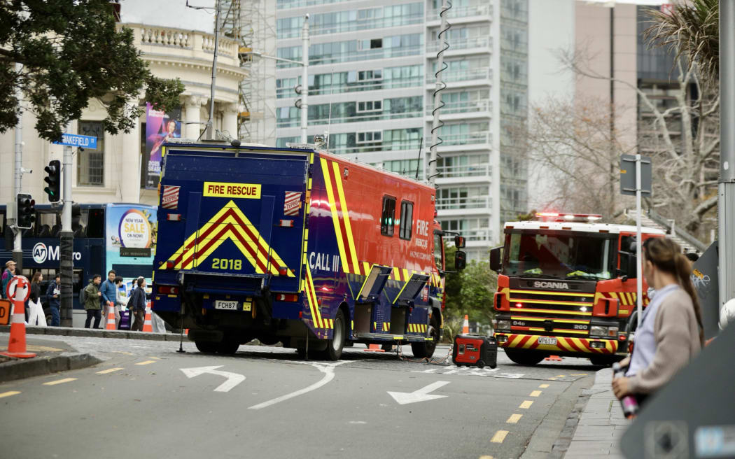 Emergency services attend an incident on Wakefield Street in Auckland central on 23 May.