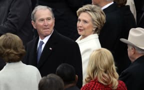 Democratic presidential candidate Hillary Clinton, at right, with former President George W. Bush at the inauguration ceremony.