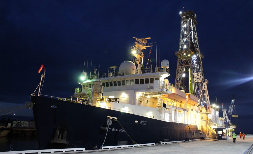 The JOIDES Resolution in port at Timaru, before embarking on a two-month voyage to study slow-slip earthquakes at the  Hikurangi subduction zone.