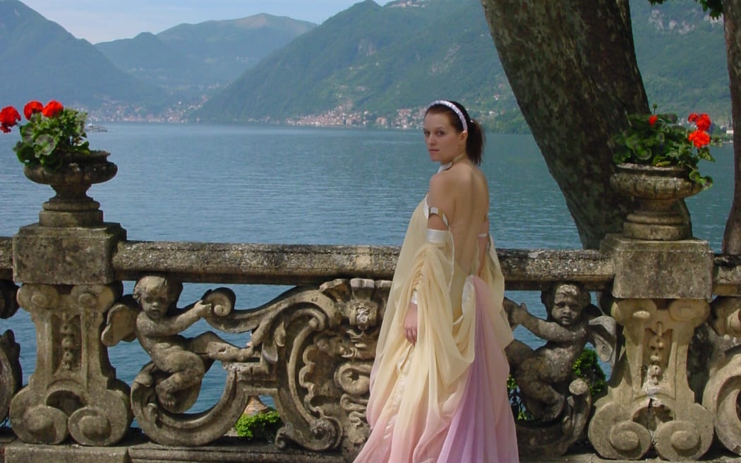Kristy in costume as Padme' Amidala at a Star Wars filming location in Lake Como, Italy.