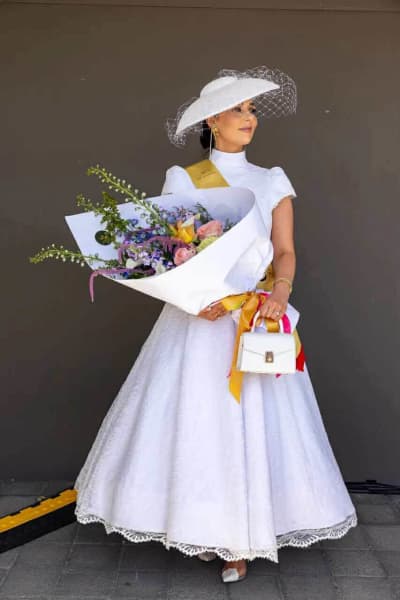 Danni Alfeld wears a dress created for her by Mikhal Robinson, a Christchurch-based dressmaker.