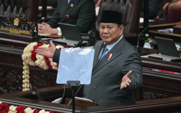 Indonesia's President Prabowo Subianto delivers his annual State of the Nation Address, ahead of the country's Independence Day celebrations, in Jakarta on August 14, 2026. (Photo by BAY ISMOYO / AFP)