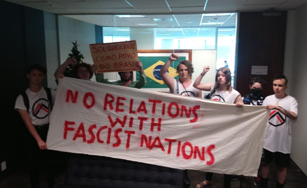 Organise Aotearoa activists entered the embassy to protest Brazilian President Jair Bolsonaro's inauguration.