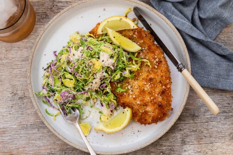 Seeded Schnitzel and Brussel Sprout Caesar Salad