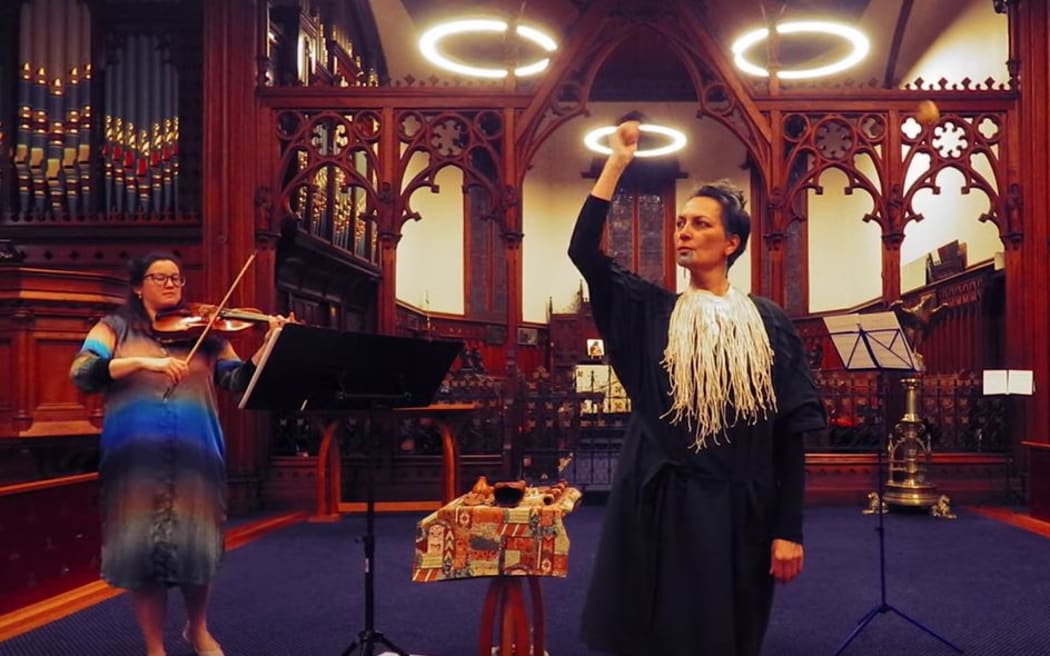 Violist Sophia Acheson and taonga pūoro specialist Ariana Tikao