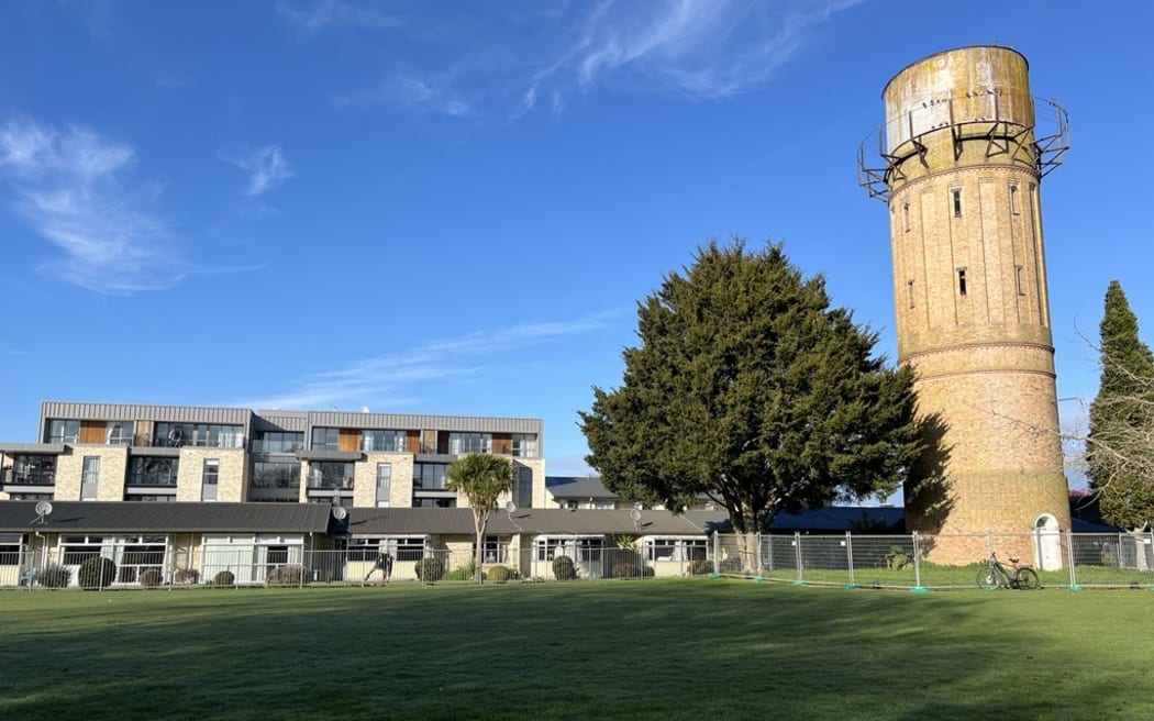 The heritage-listed water tower next to Resthaven retirement village and rest home.