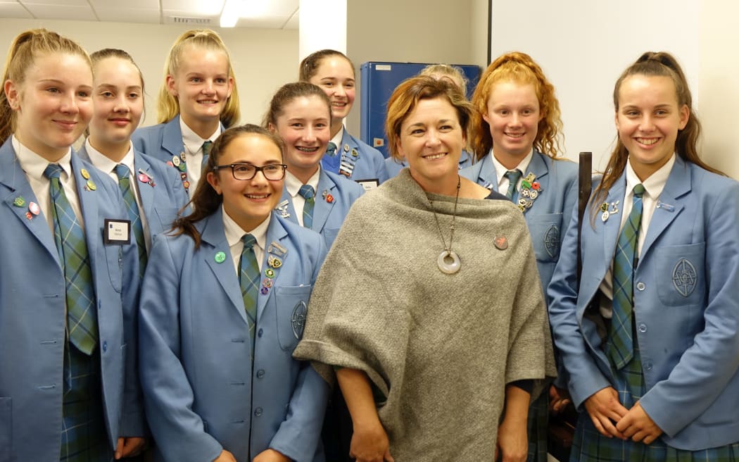 Dr Jenine Beekhuyzen, with some of the local students who came to her talk in Otago.