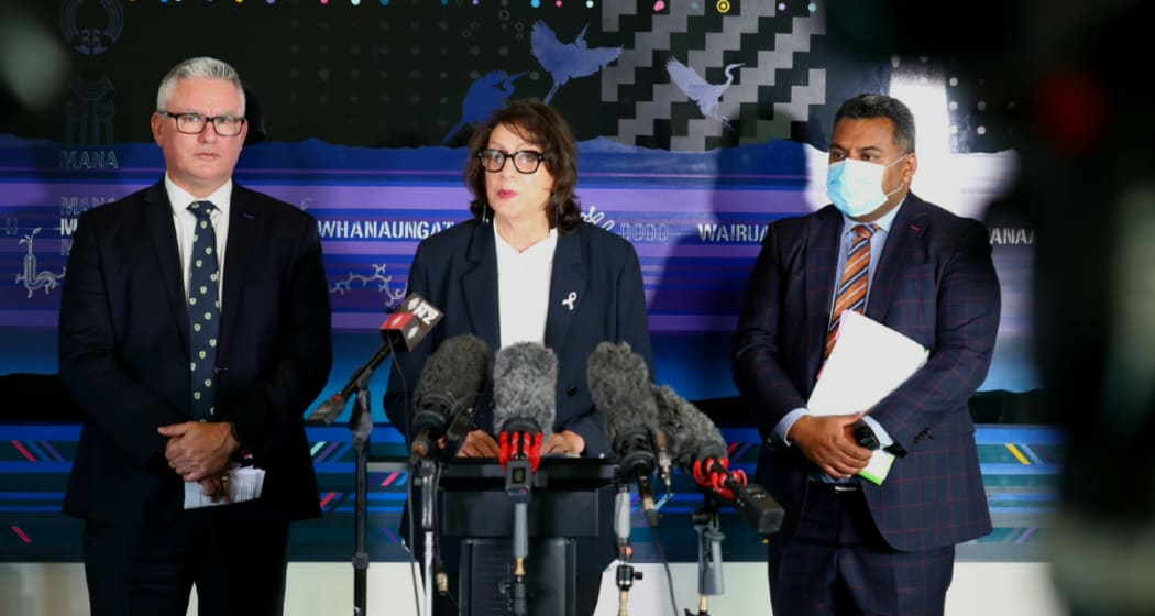 From left Corrections Minister Kelvin Davis, Police Minister Poto Williams and Justice Minister Kris Faafoi at a law and order pre-Budget announcement on 8 May 2022.