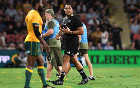 All Blacks prop Ofa Tuungafasi leaves the field after being sent off against Australia.