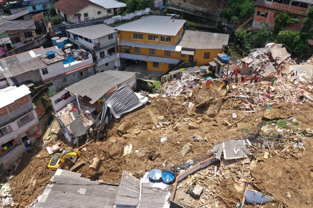 Aerial view after a mudslide in Petropolis, Brazil on February 17, 2022 during the second day of rescue operations.