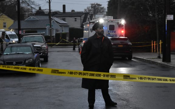 A police officer at the scene of the stabbing. (Photo by Kyle Mazza/NurPhoto) (Photo by Kyle Mazza / NurPhoto / NurPhoto via AFP)