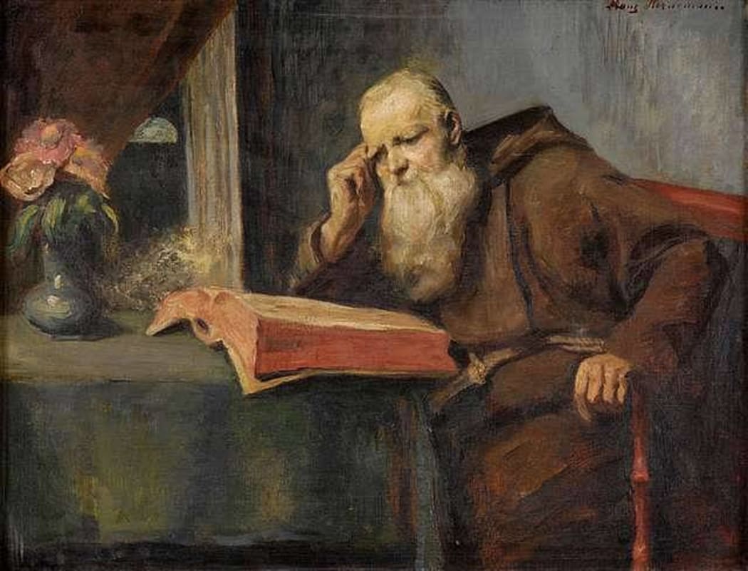 a paainting of an old man readin a book