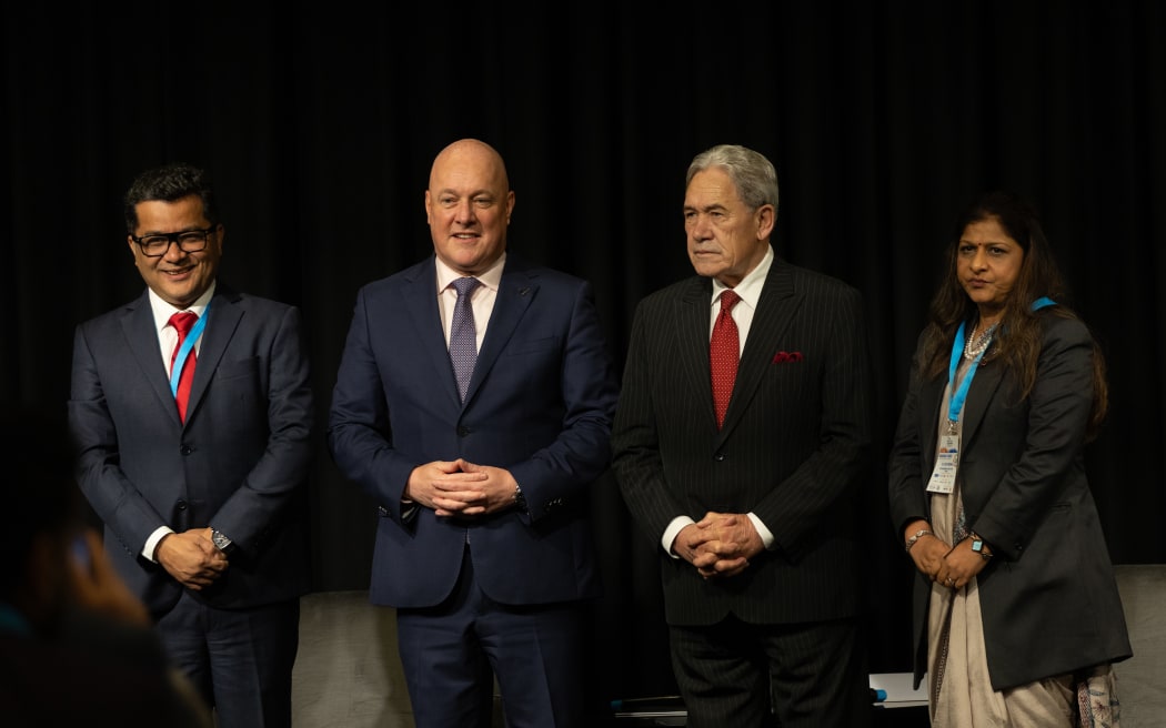 Pabitra Margherita (right) with New Zealand Prime Minister Christopher Luxon, Foreign Minister Winston Peters, and Indian High Commissioner Neeta Bhushan at the India New Zealand Business Council’s summit in Auckland on Friday.