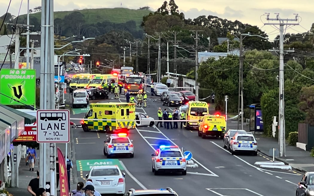 The scene of a major car crash on Mt Eden Road in Auckland.