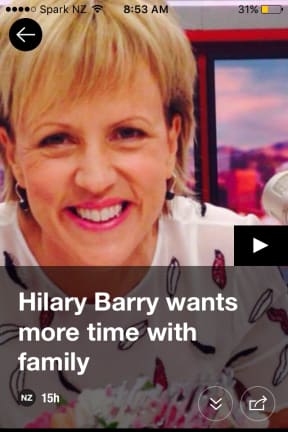 The Newshub app headline: "Hilary Barry wants more time with family"