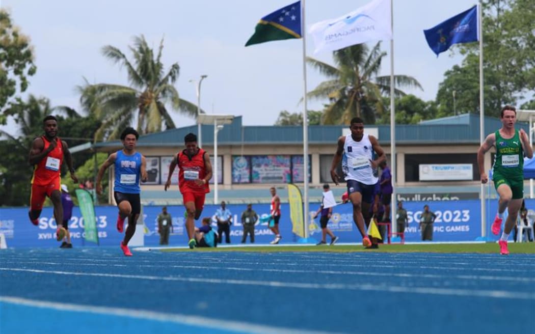 The first heat of the men's 100m sprint at the 17th Pacific Games in Solomon Islands. 27 November 2023