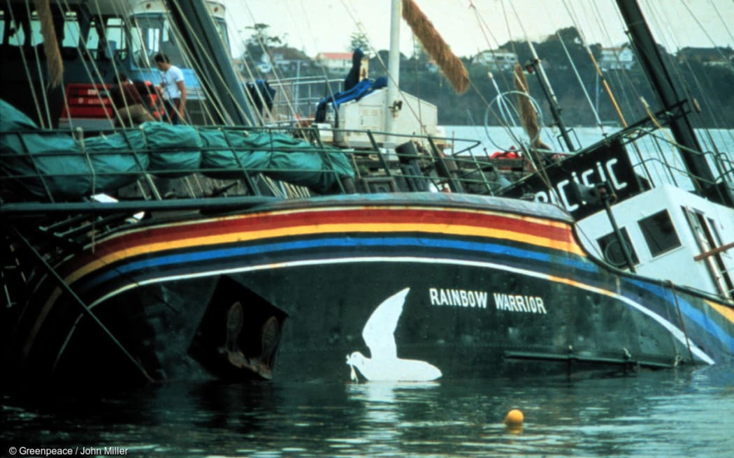 The Rainbow Warrior is in Marsden Wharf in Auckland Harbour after the bombing by French secret service agents.