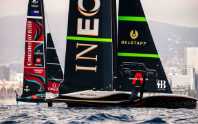 Ineos Britannia and Emirates Team New Zealand in action during 37th America’s Cup in Barcelona, 2024.