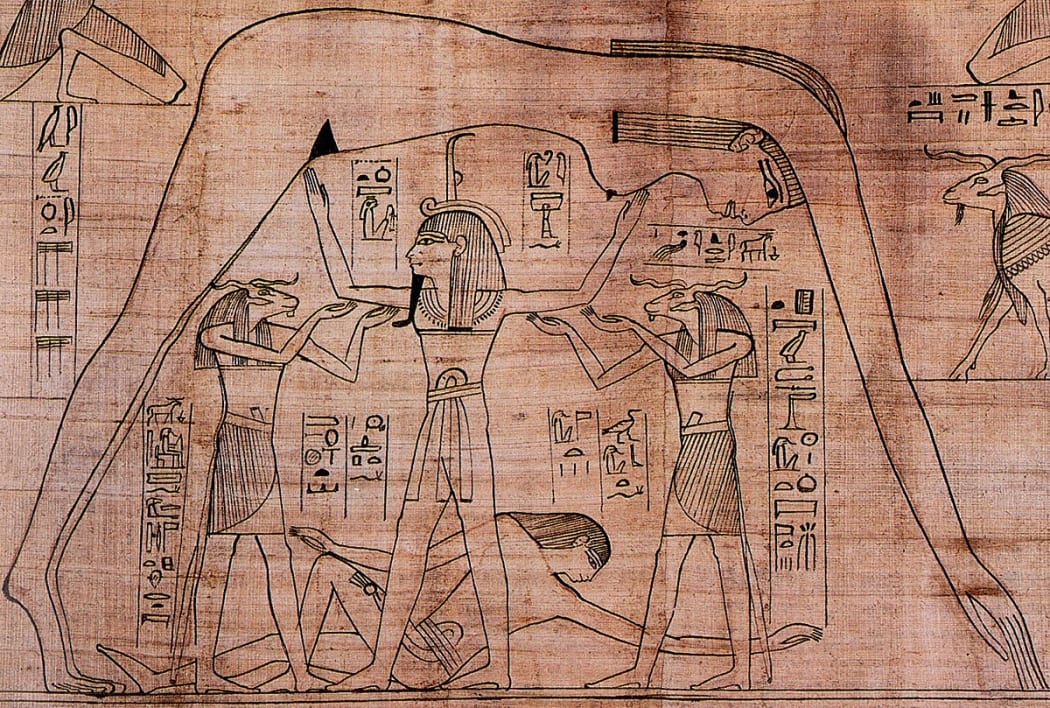Detail from the Greenfield Papyrus depicting the air god Shu, assisted by the ram-headed Heh deities, supporting the sky goddess Nut as the earth god Geb reclines beneath.