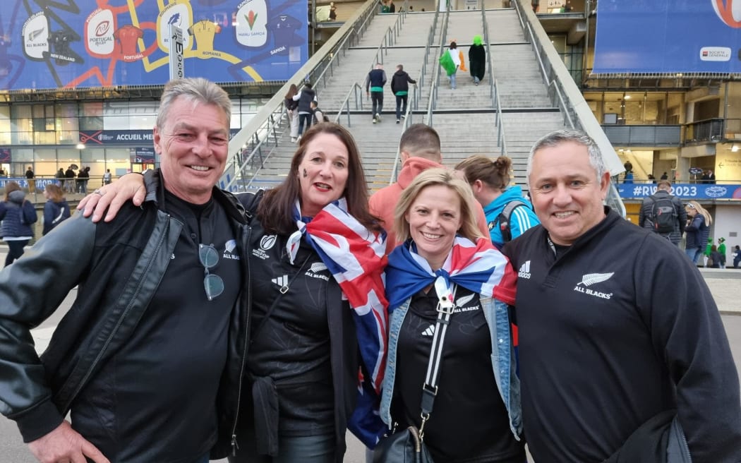 All Blacks fans outside the Stade de France, before the All Blacks vs Ireland quarter final match, on 15 October, 2023.
