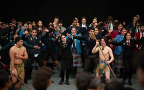 Attendees of a pōwhiri held as part of Te Whakataetae ā-Motu mō Ngā Manu Kōrero 2023 ki Ōtākou, a speech competition which took place at Dunedin's Edgar Centre from 19-21 September, 2023.