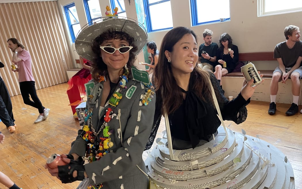 Gabi Maffey and Cindy Huang dressed as buildings