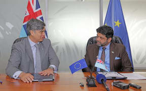 EU Ambassador to the Pacific, Sujiro Seam, left and Fiji's Minister for Economy, Aiyaz Saiyed Khaiyum.