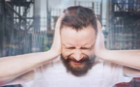 40131977 - people, life style  and emotional  concept - bearded man covering his ears by hands over white  background