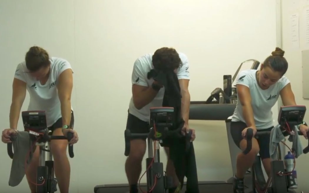 Athletes inside the heat chamber at the Millienium Institute on Auckland's North Shore.