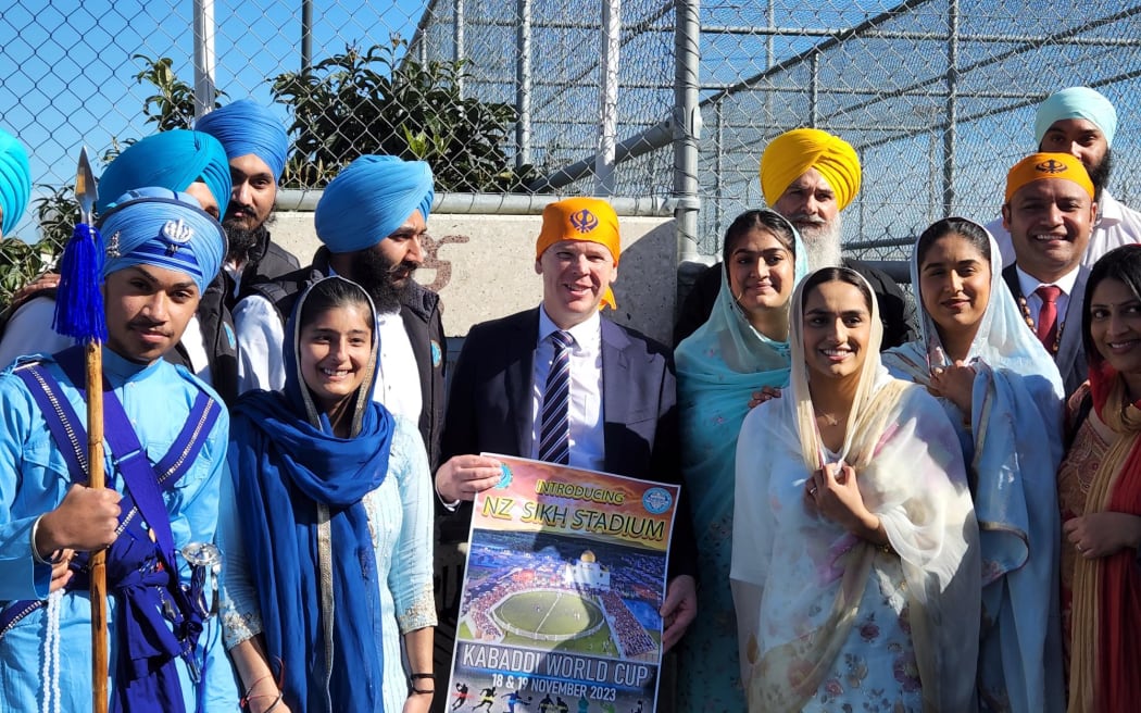Prime Minister Chris Hipkins with members of the Sikh Community in Auckland Sunday.