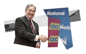 Collage of Winston Peters shaking hands with National and ACT logos