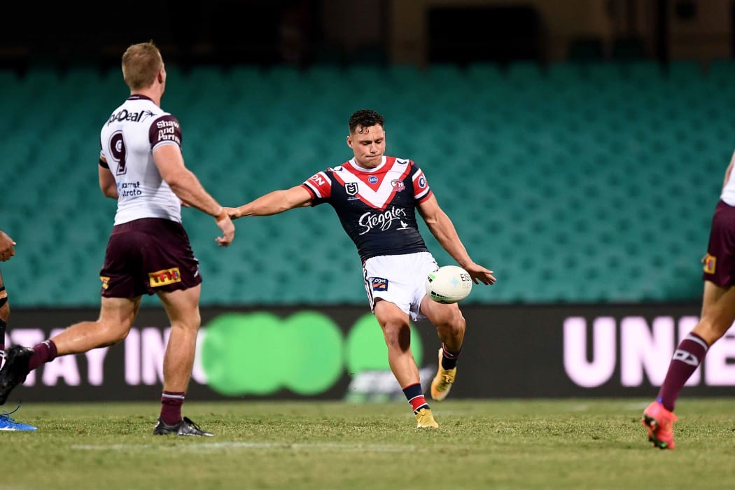 Lachlan Lam in action during the Sydney Roosters 2021 NRL season opener against Manly.