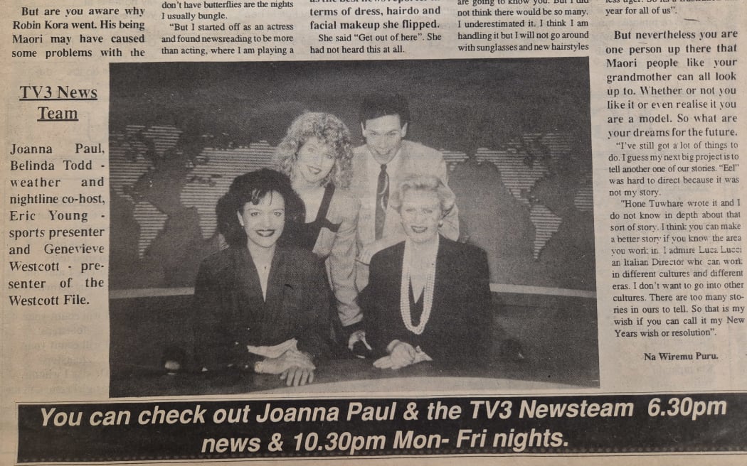 TV3 news presenters Joanna Paul, Belinda Todd (weather), Eric Young (sports), and Genevieve Westcott. (Te Iwi o Aotearoa. (1987). A.J. Wharewaka.)
