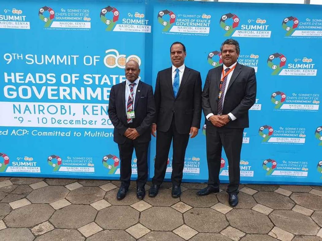 Vanuatu was represented at the ACP 2019 Summit in Kenya by Minister of Foreign Affairs, Ralph Regenvanu (centre) Ambassador to the ACP, John H Licht (right), accompanied by the Chairman of the United Liberation Movement for West Papua, Benny Wenda.