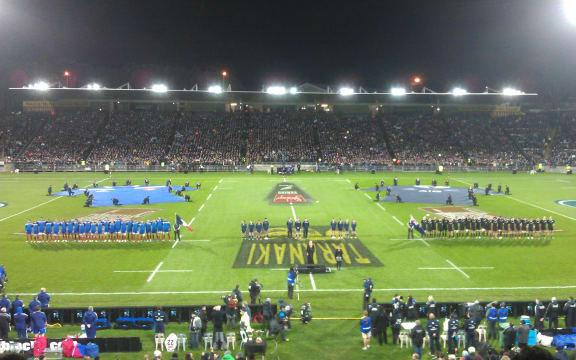 All Blacks and France sing national anthems at Taranaki's Yarrow Stadium