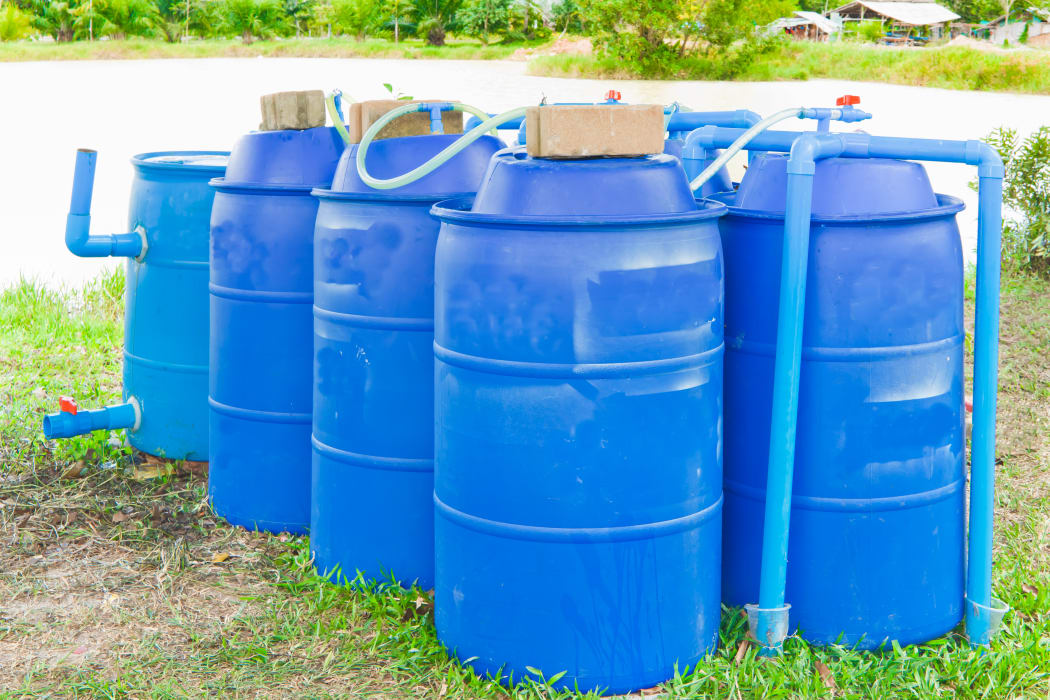Plastic tanks used for the fermentation of biogas.