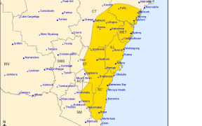 An Australian Bureau of Meteorology map from 4 April showing parts of the East Coast under severe weather warning for heavy, locally intense rainfall and damaging winds.